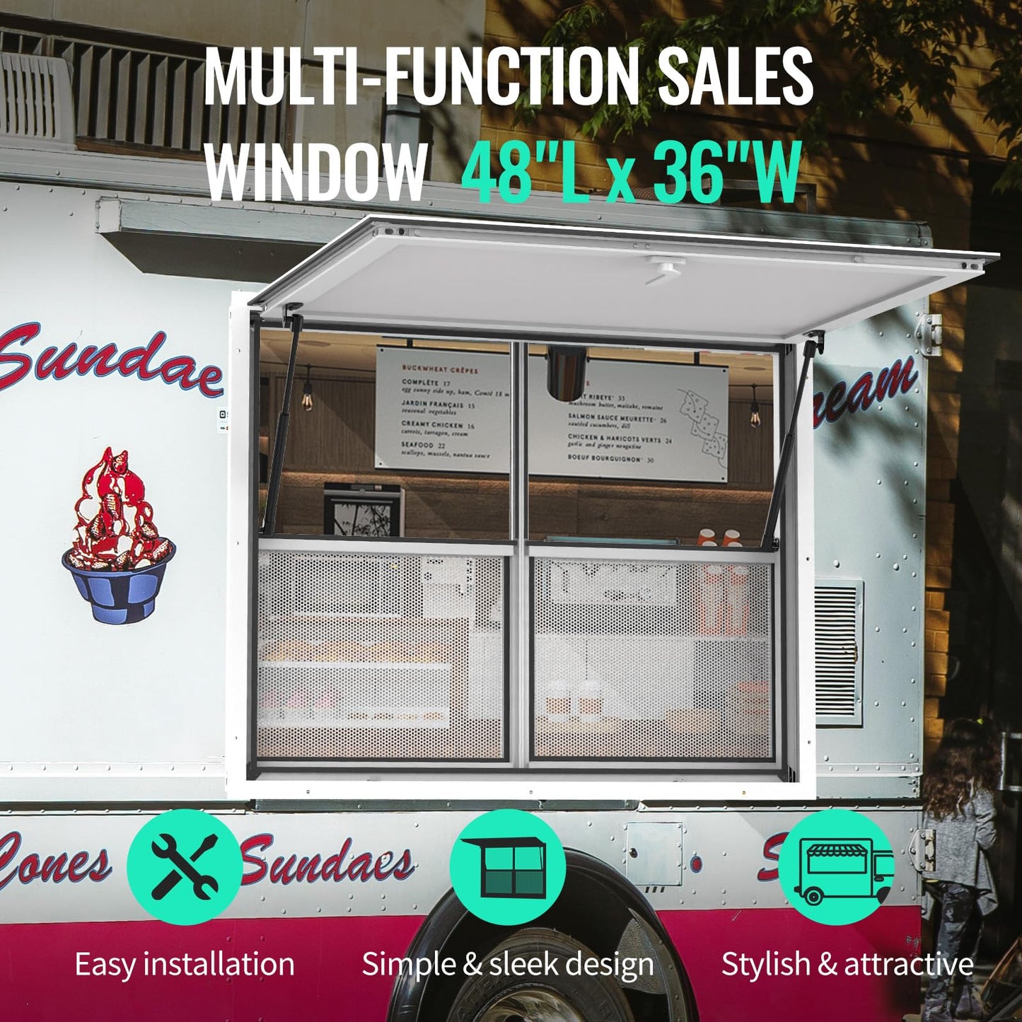 NOOTA Concession Window for Food Truck 48"x36", with Vertical Lifting Small Sliding Windows & Awning Door & Drag Hook, Playhouse Window, Chicken Coop Window, Shed Window, Up to 85 Degrees Window