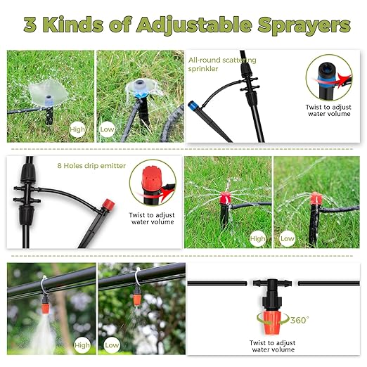 JAYEE 130FT Drip Irrigation Kit - Garden System With Nozzle Emitters, Tubing and Parts - Automatic Watering for Potted Plants, Greenhouse, Lawn
