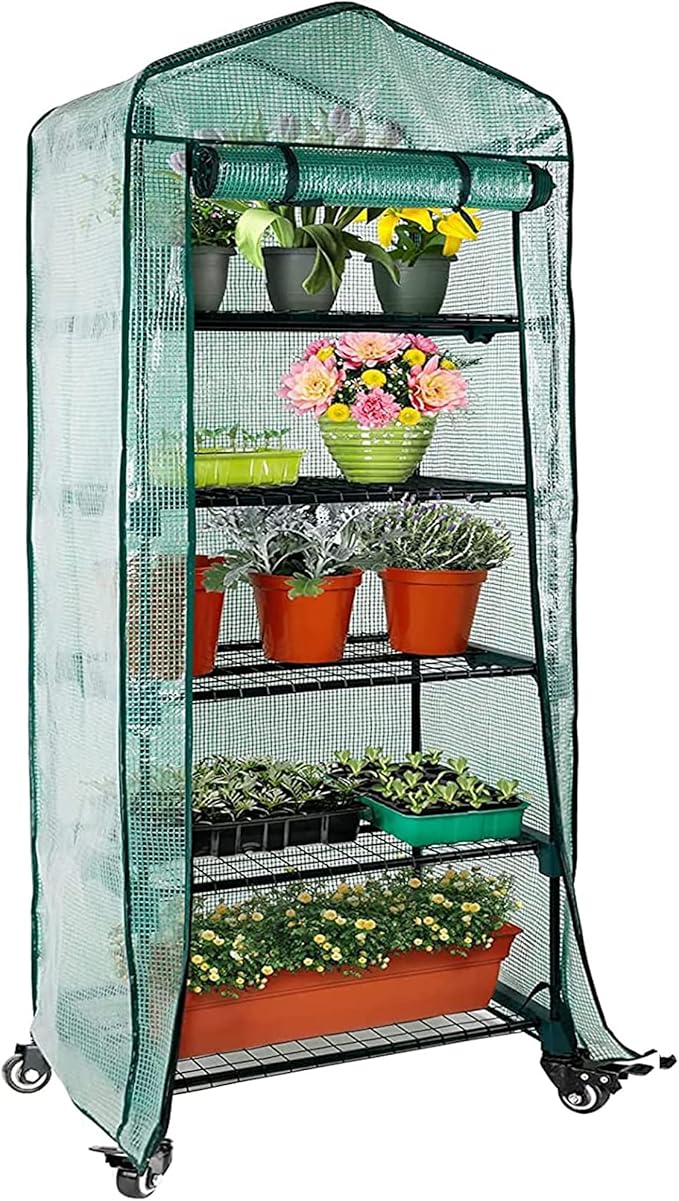 Worth Garden 5 Tier Mini Greenhouse w/ Castors Wheels - Portable Small Gardening Green House w/ PE Cover - Upgraded Heavy Duty Swivel Castors w/ Brakes - 76''H x 27''L x 19''W Indoor & Outdoor