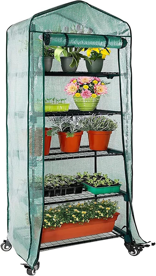 Worth Garden 5 Tier Mini Greenhouse w/ Castors Wheels - Portable Small Gardening Green House w/ PE Cover - Upgraded Heavy Duty Swivel Castors w/ Brakes - 76''H x 27''L x 19''W Indoor & Outdoor