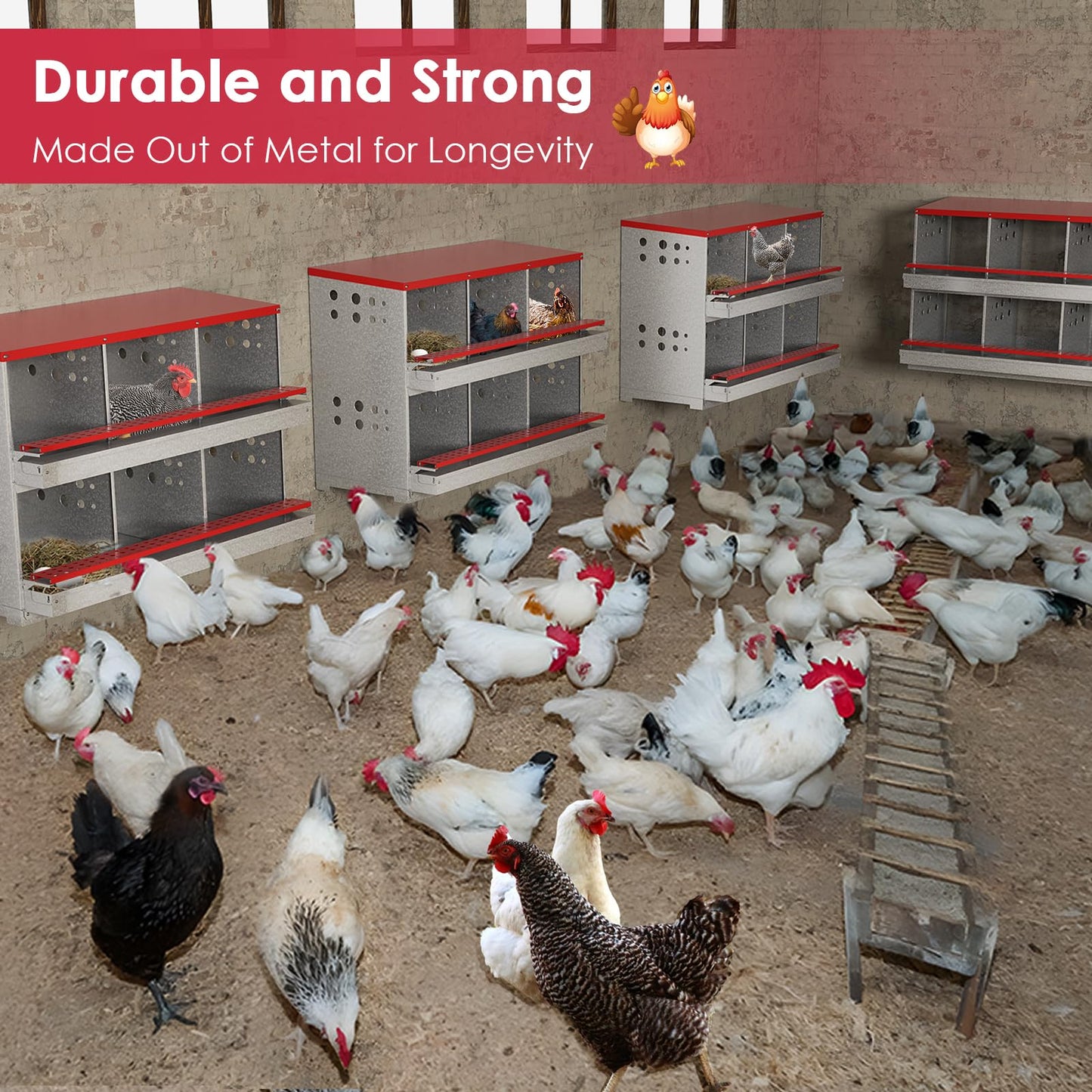 FuzzlyCo Chicken Nesting Boxes, 6 Hole Nesting Box for Chickens with Easy Egg Collection Roll Away Heavy Duty Chicken Coop Laying Box for Hens