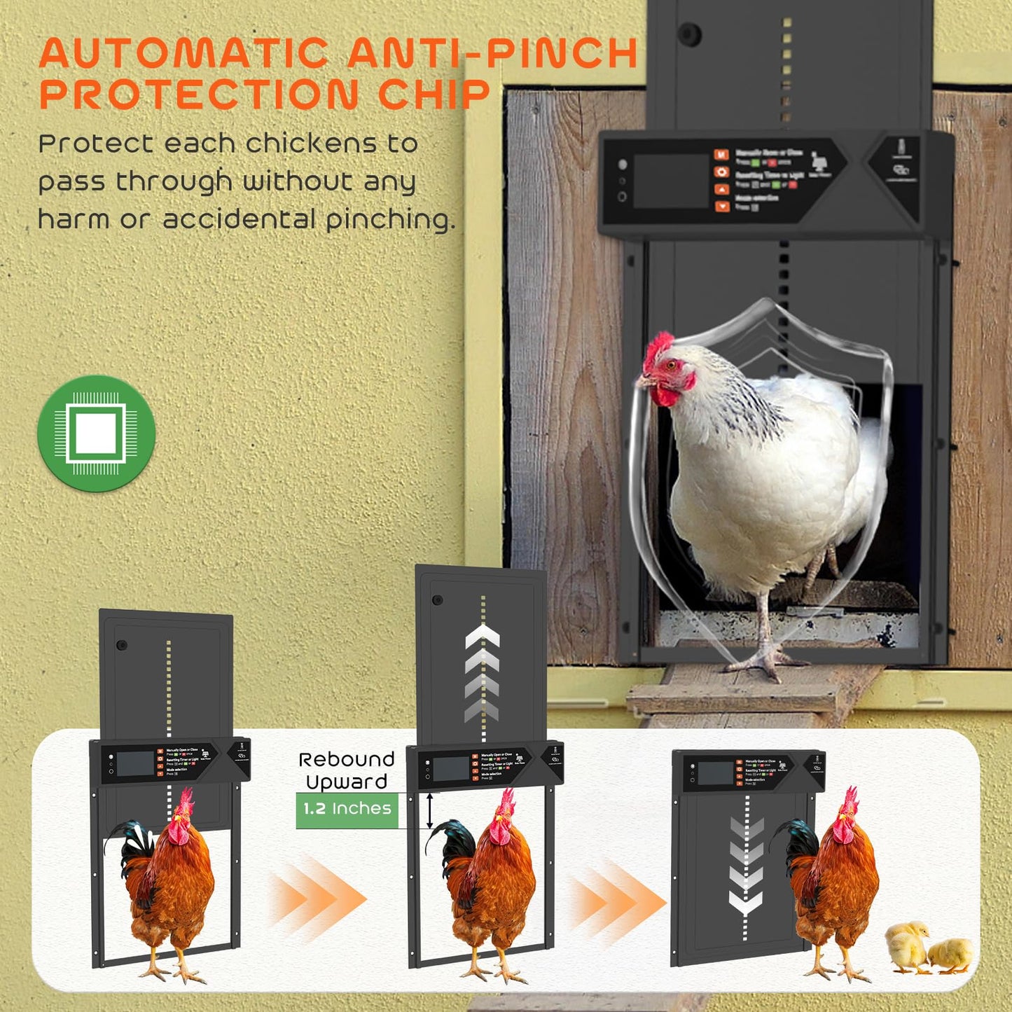 Large Automatic Chicken Coop Door, 4000mAh High Capacity Chicken Coop Door 7W Solar Powered with Timer & Light Sensor, Anti-Pinch Auto-Aluminum Chicken Door with Wire Clip & Remote Control-Black