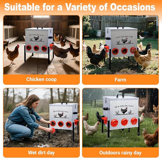 50LB Automatic Chicken Feeder–8 Feeding Ports No-Waste Galvanized Metal Chicken Feeder Box with Adjustable Legs & Locking Lid Poultry Feeder for Chickens,Ducks,Geese,Rust-Resistant