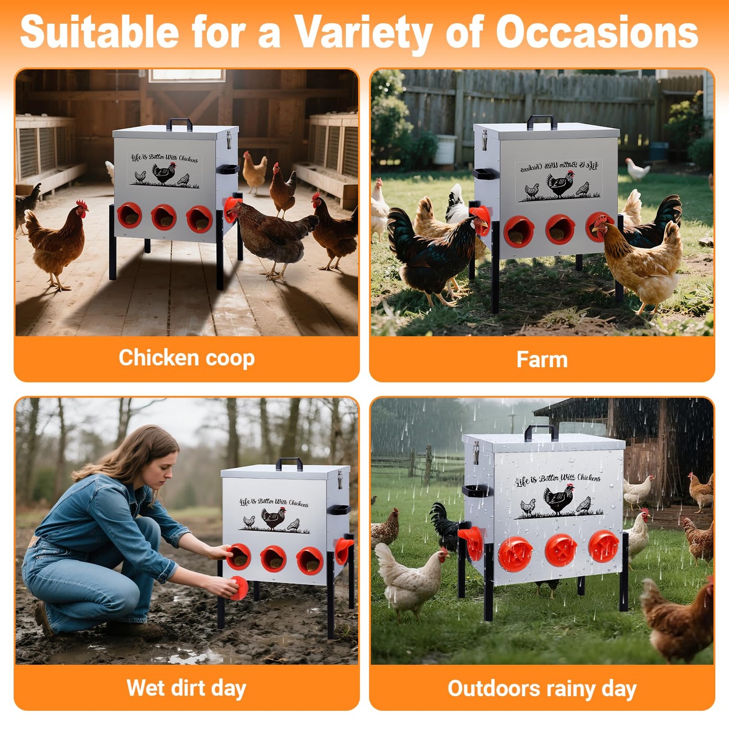 zeetmart 50LB Automatic Chicken Feeder–8 Feeding Ports No-Waste Galvanized Metal Chicken Feeder Box with Adjustable Legs & Locking Lid Poultry Feeder for Chickens,Ducks,Geese,Rust-Resistant