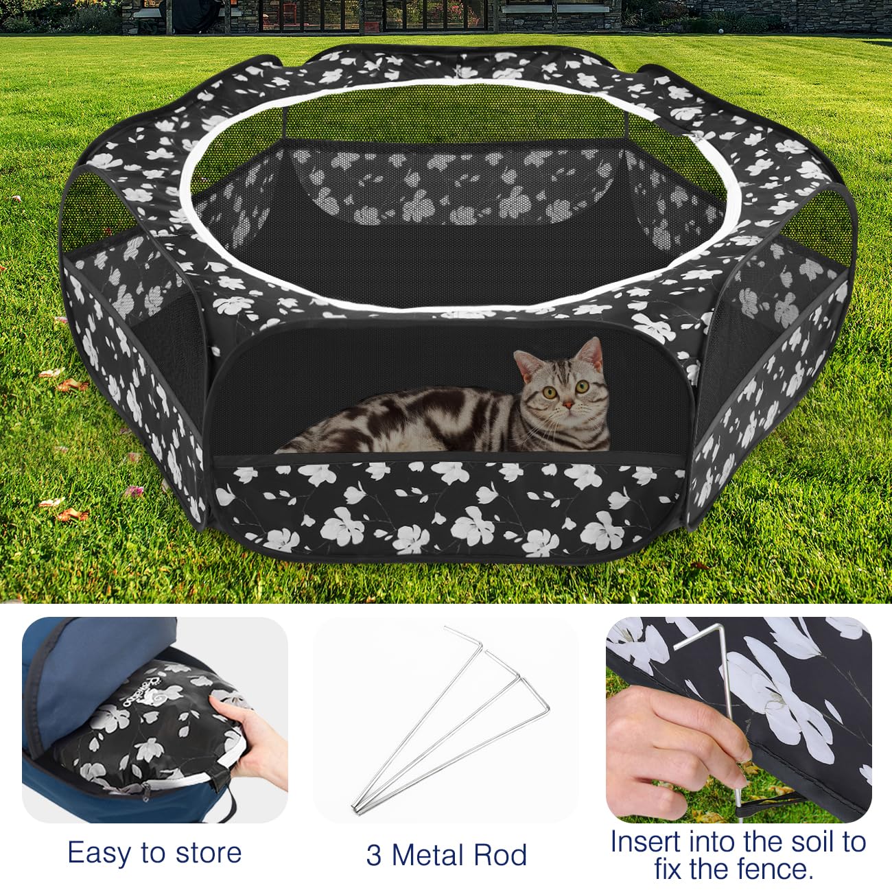 Pawaboo Small Animals Playpen, Waterproof Small Pet Cage Tent with Zippered Cover, Portable Outdoor Yard Fence with 3 Metal Rod for Chick/Kitten/Puppy/Guinea Pig/Rabbits/Hamster/Chinchillas, Magnolia