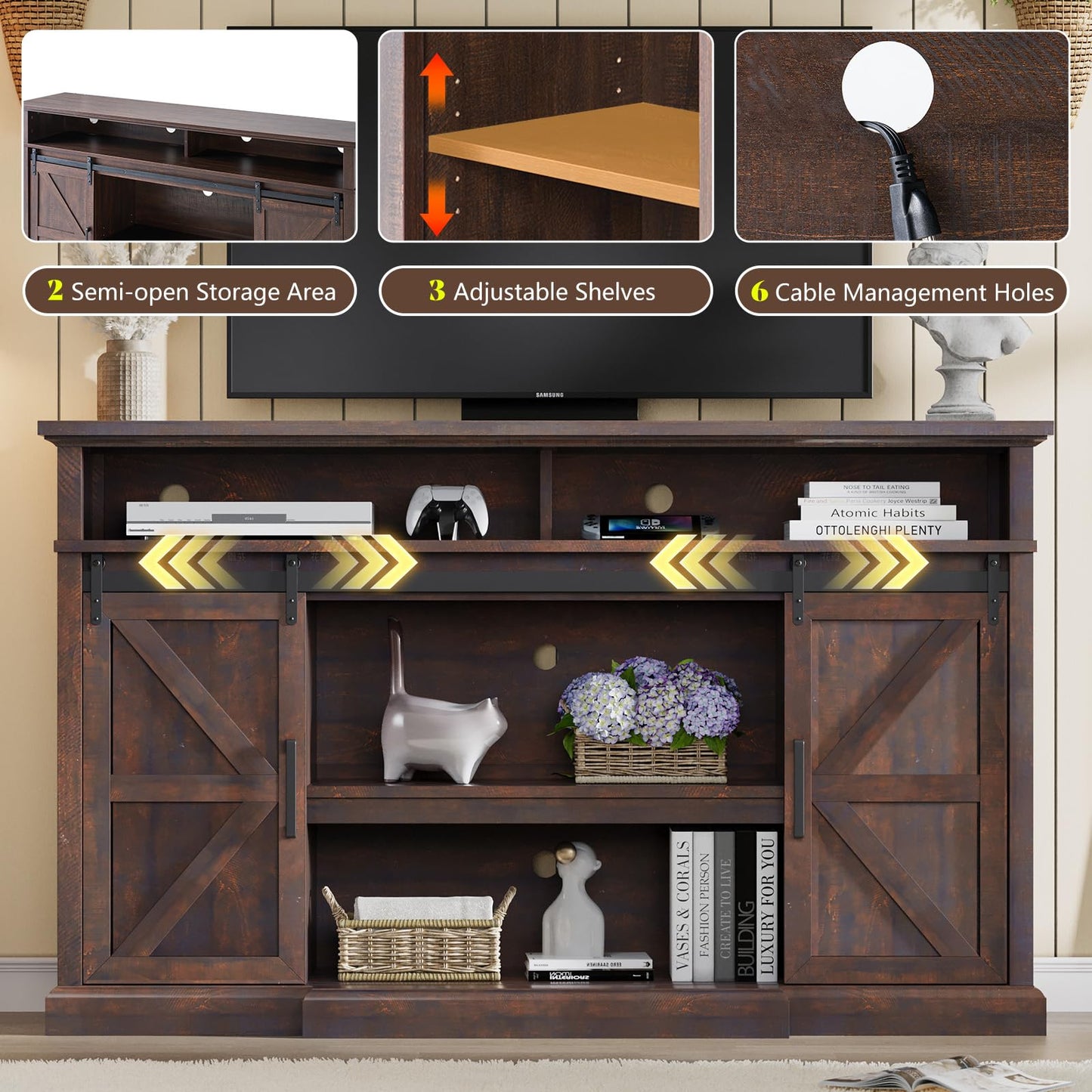 LUXOAK 66" Farmhouse TV Stand for 75 Inch TVs, 40" Tall Entertainment Center with Sliding Barn Doors, Rustic Media Console Table Storage Cabinet with Adjustable Shelves, Living Room, Sawdust Brown