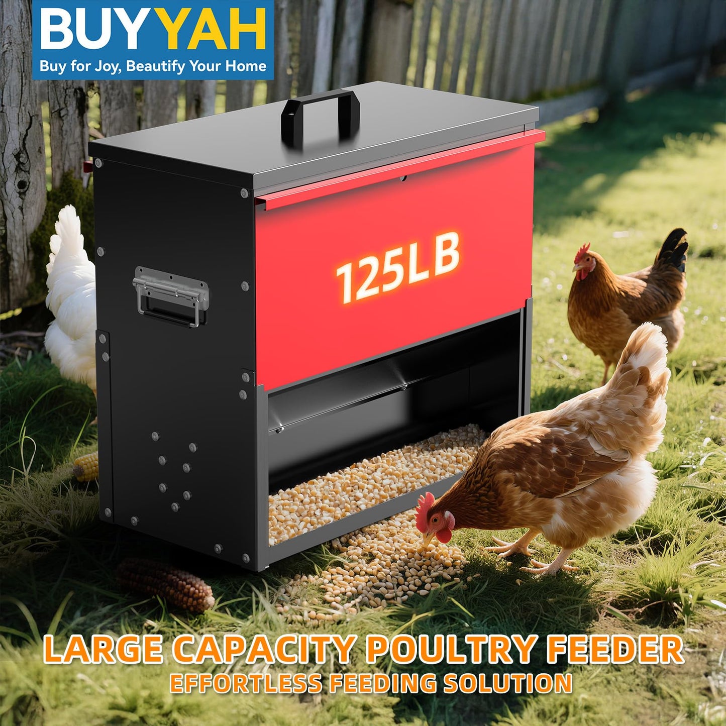 BUYYAH 100lb Capacity Chicken Feeder, Metal Poultry Feeder, No Waste Waterproof Chicken Feeder, Suitable for Geese, Ducks, Turkeys, Quails
