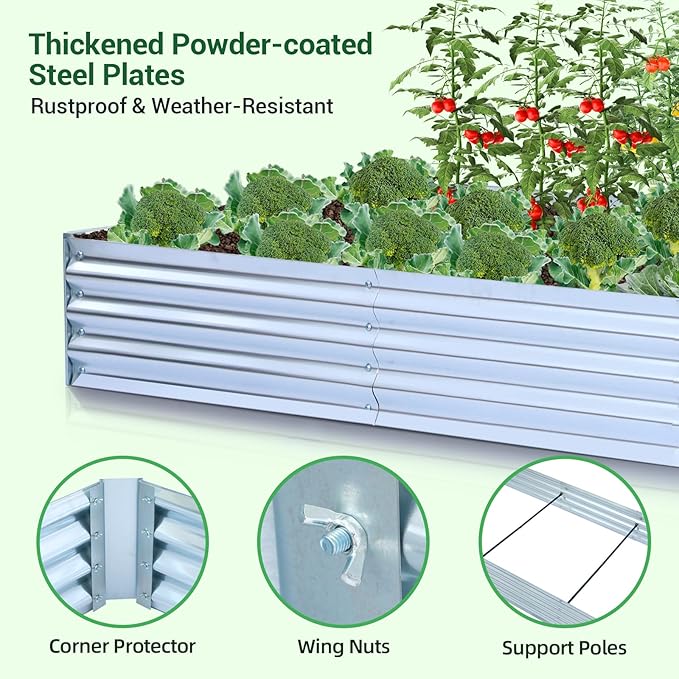 Ohuhu Raised Garden Bed with Greenhouse, 8x4x1 FT Galvanized Metal Planter Box with PE Cover, 4 Doors for Ventilation, 3-in-1 Gardening Set for Vegetable Flower Herb Succulent