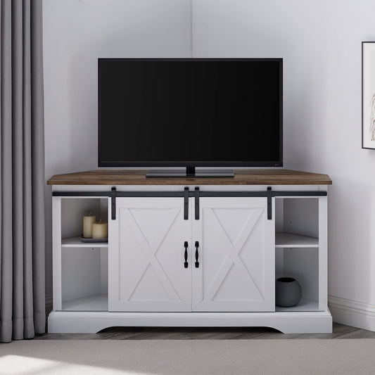 Walker Edison Everette Modern Farmhouse Double Sliding X Barn Door Stand for TVs up to 58 Inches, 52 Inch, Reclaimed Barnwood and Solid White
