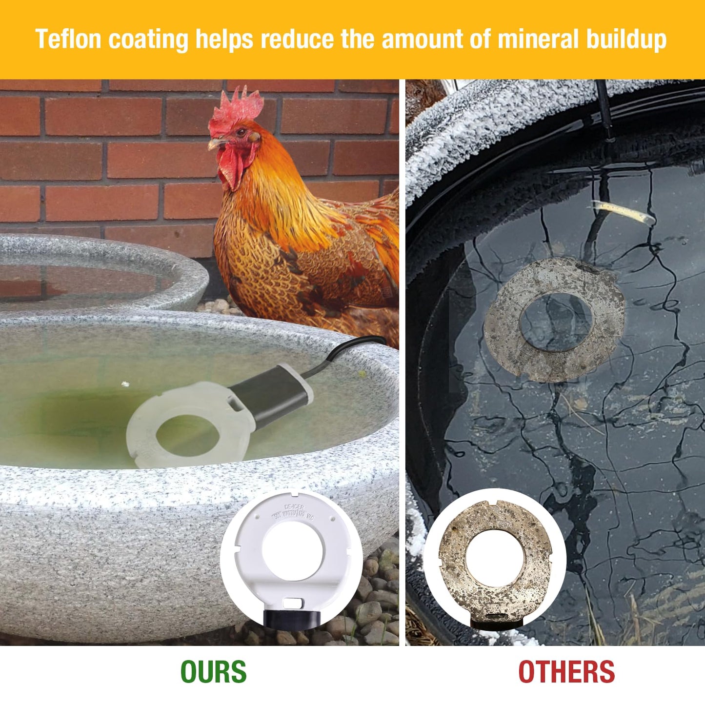 comincia 150W Heated Chicken Waterer, Chicken Water Heater for Poultry Waterer Winter, Cast Aluminum Submersible Deicer,Heated Bird Bath with Thermostat for Duck Goose Cow Livestock