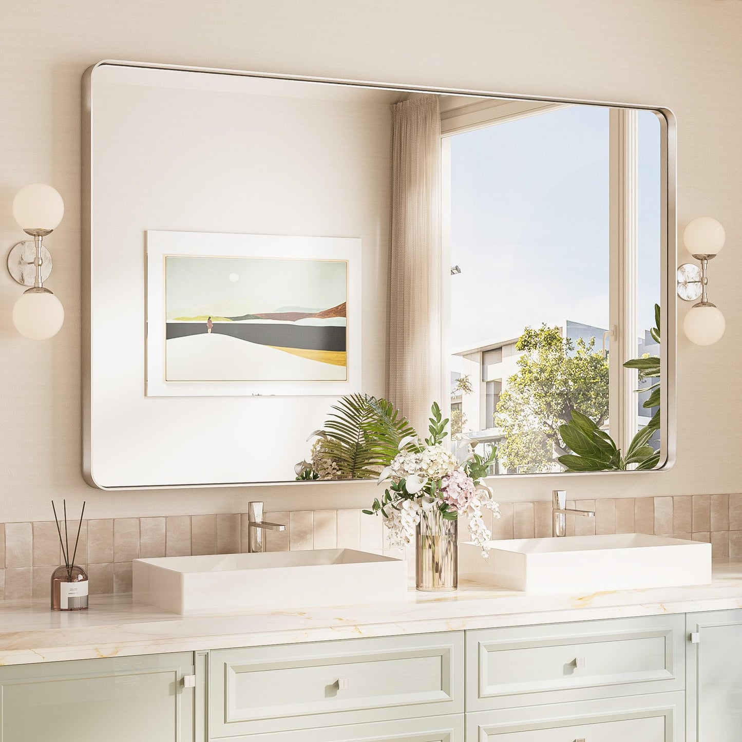 TokeShimi 60x36 Brushed Nickel Bathroom Wall Mirror Vanity Metal Frame Round Corner Rectangular for Home Decor Living Room Entryway