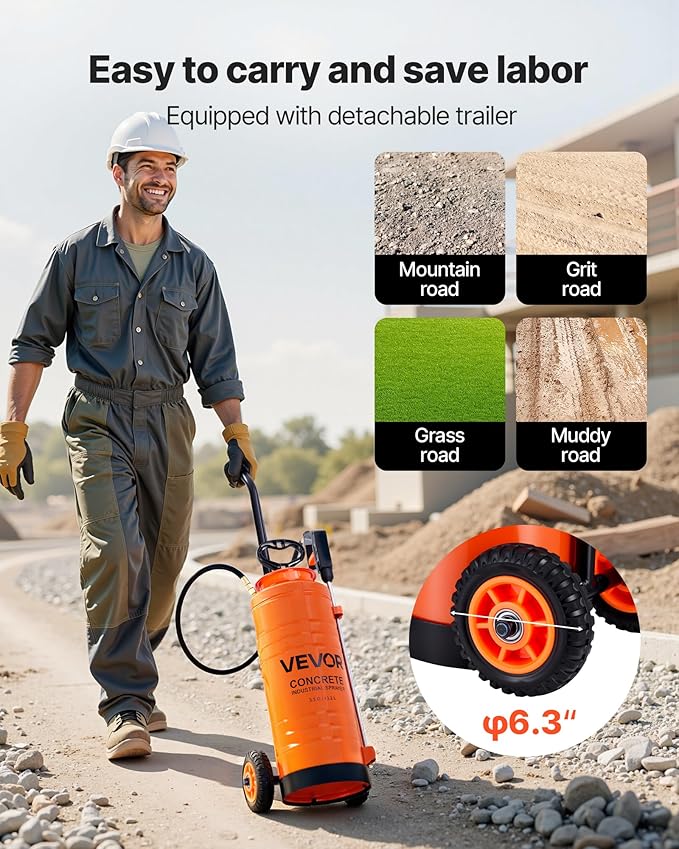 VEVOR Industrial Concrete Sprayer with Wheeled Cart, 3.5 Gallon Stainless Steel Sprayer, Heavy Duty Tri-Poxy Pump Sprayers, 20.5"Wand, 48" & 120"Hoses, 2 Brass Nozzles for Construction, Lawn & Garden