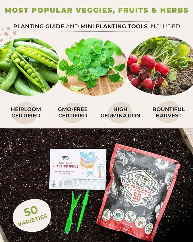 50 Tactiko Survival Vegetable, Herb & Fruit Seed Kit - U.S.A. Harvested Varieties - Over 25,000 Non-GMO Heirloom Seeds - Emergency Seed Vault in Waterproof Mylar Bag - Long-Term Storage