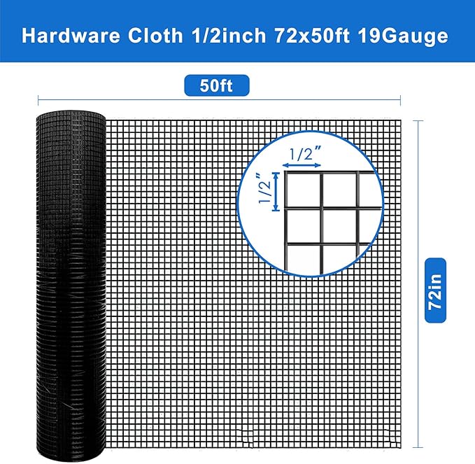 Black Hardware Cloth 1/2 inch 72" x 50' 19 Gauge - Durable Welded Wire Mesh Roll for Chicken Wire Fencing, Garden Fence,& Rodent Protection