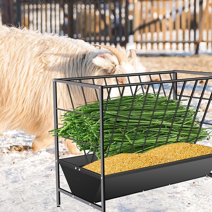 Pasture Hay Feeder 69 Gallon, Livestock 2 in 1 Hay and Grain Feeder, Heavy-Duty Galvanized Metal Goat Feeder with 2 Trays, Pasture Feeder for Goat, Sheep, Foal, Sheep