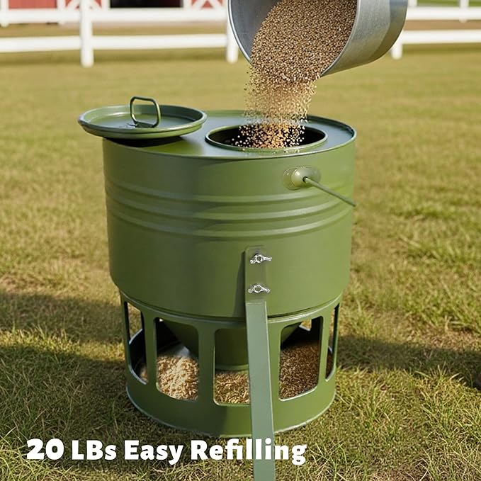 Metal Chicken Feeder - 20lbs Ground Poultry Feeder with 12 Ports, Powder Coated Rust-Proof Design & Smooth Edges for Safe Feeding (Avocado Green, 20lbs)