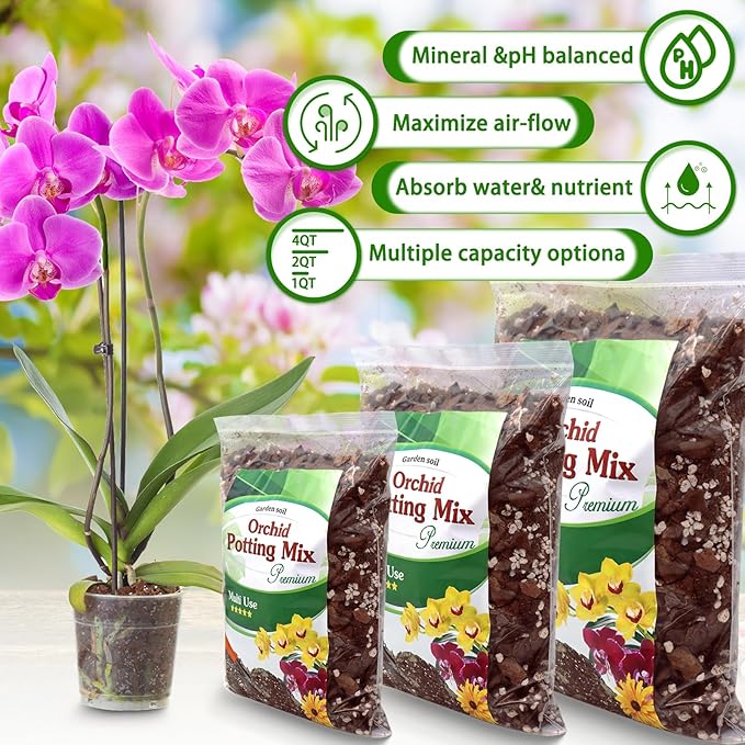 Orchid Potting Mix,Premium Orchid Bark Potting Mixture of Pine Bark,Perlite & Coco Peat Enhanced Drainage and Ventilation,Ideal for Repotting and Growing Indoor Plants Dendrobiums,Phalaenopsis,4QT