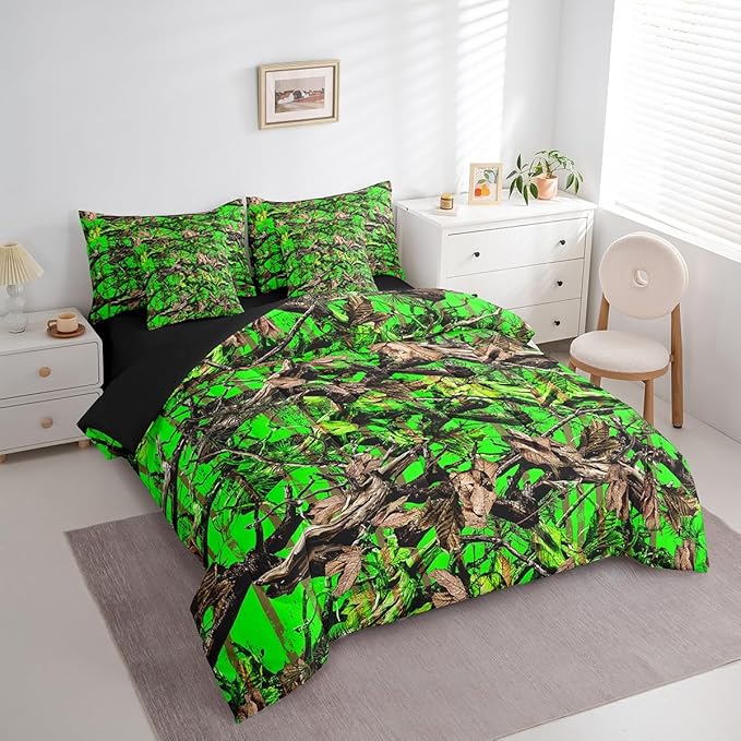 Feelyou Tree Branches 7 Pieces Bedding Set, for Kids Wild Hunting Leaf Bed Set Full Size Botanical Tree Bed in a Bag with Comforter, Sheets, Pillowcases Bedroom Decor Nature Theme Green Brown