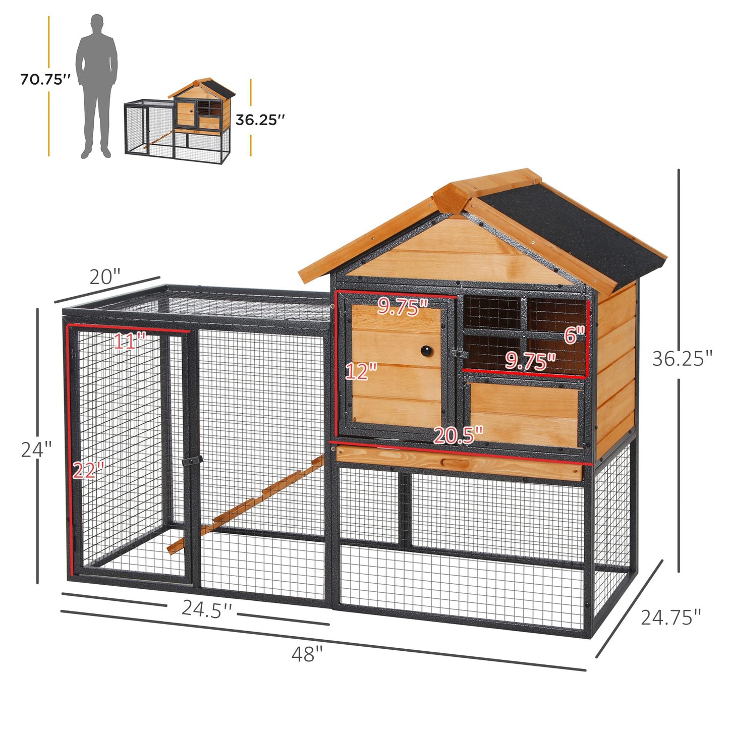 PawHut 2-Level Rabbit Hutch Bunny House with Weatherproof Hinged Asphalt Roof, Removable Tray and Ramp for Outdoor