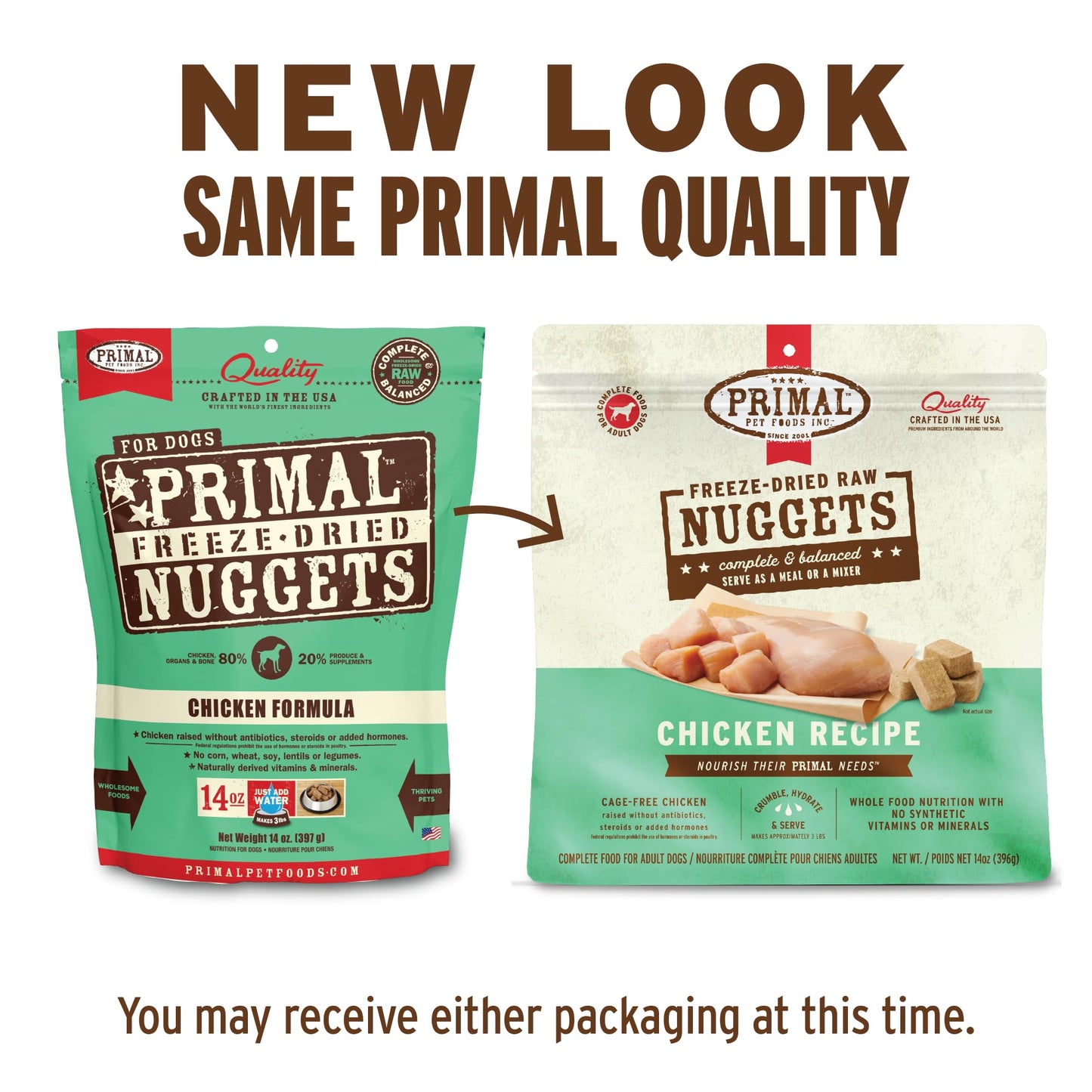 Primal Freeze Dried Dog Food Nuggets, Chicken; Complete & Balanced Meal; Also Use as Topper or Treat; Premium, Healthy, Grain Free, High Protein Raw Dog Food, 14 oz (Pack of 2)