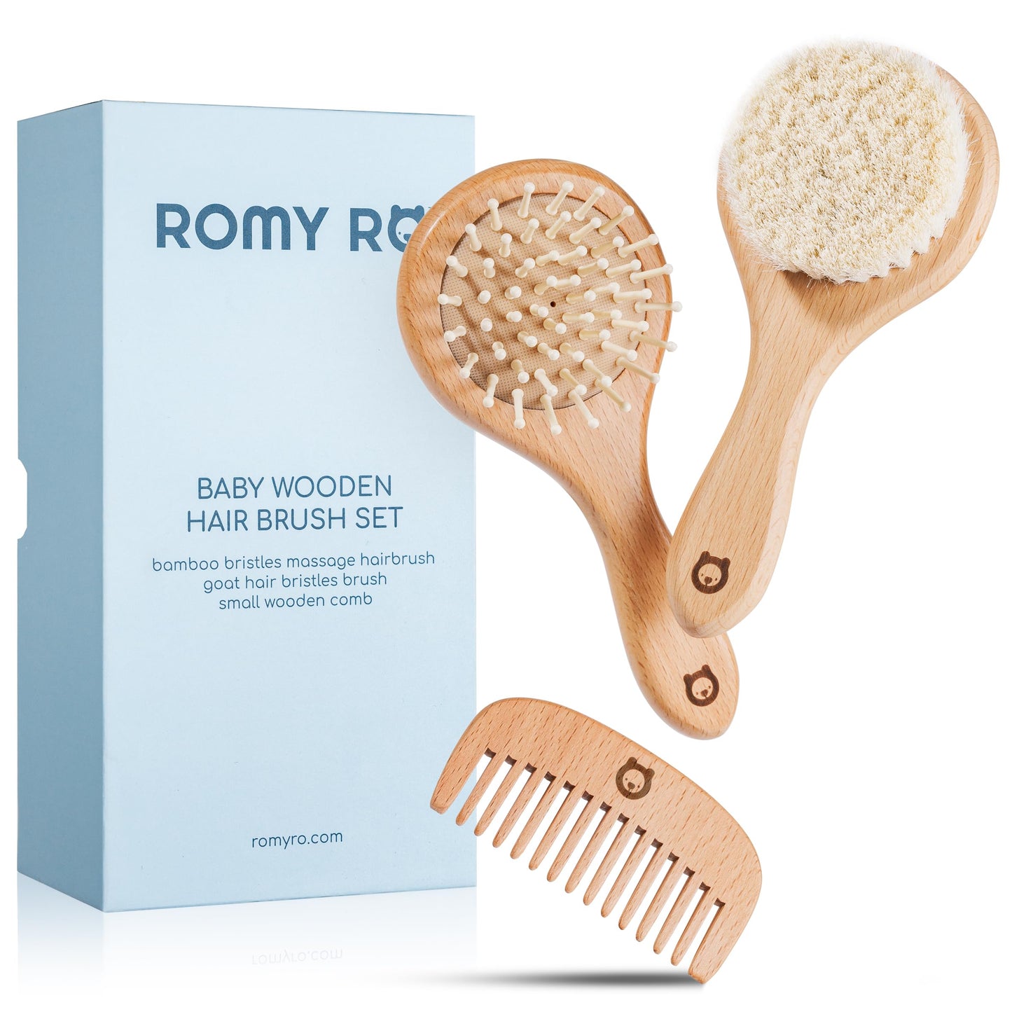 ROMY RO 3 Piece Wooden Hair Brush Set for Newborns & Toddlers - Ultra Soft Natural Goat Hair and Wood Brushes in Chic Gift Box