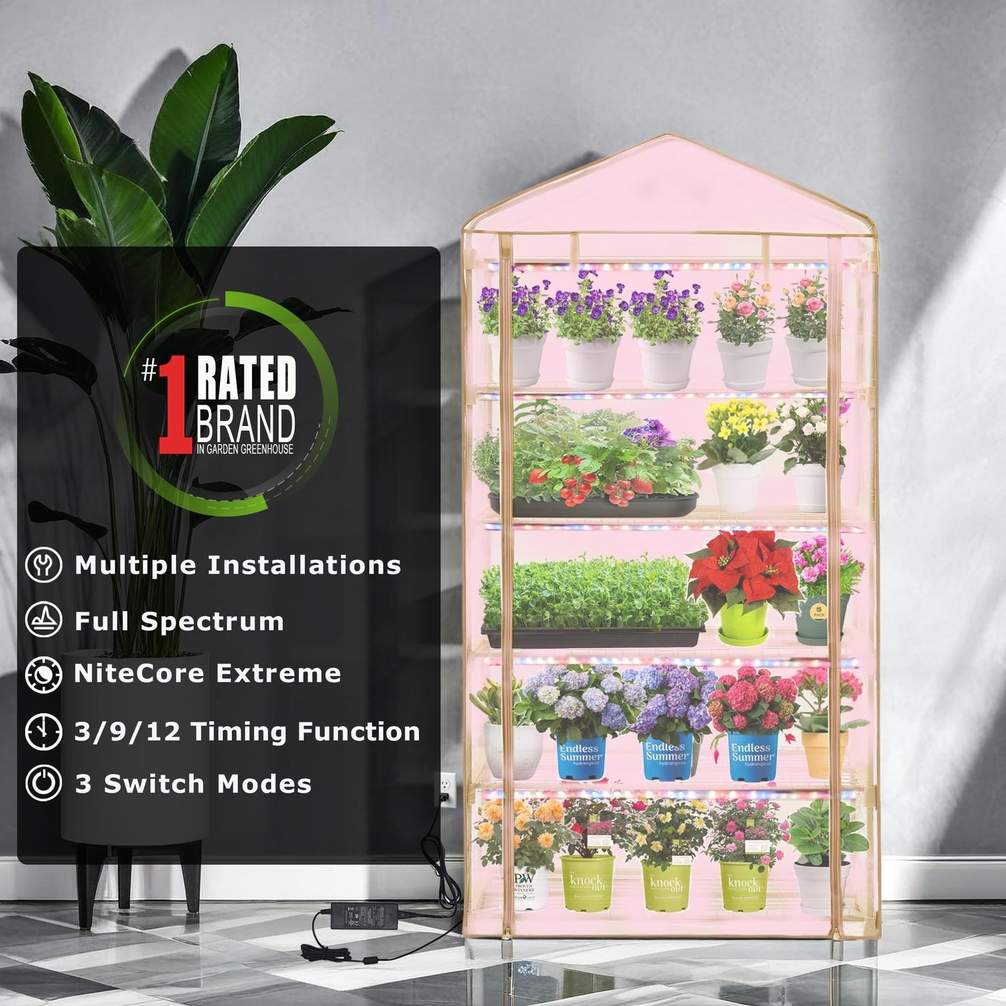 5 Tier Greenhouse with Grow Light ,Portable Greenhouse with Zippered PVC Cover for Seed Starting Trays , 75'' H x 40'' W x 19'' D Plant Light for Indoor Plant with Timer(PLGH1005OWPT)