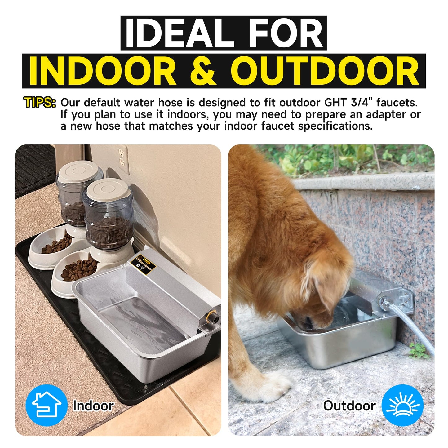 PETSOLON Automatic Dog Water Dispenser, 2 Gallons 304 Stainless Steel Large Dog Water Bowl Dispenser for Indoor/Outdoor, Pet & Livestock Water Feeder, Auto Fill, Fits GHT 3/4" Faucet, Easy to Clean