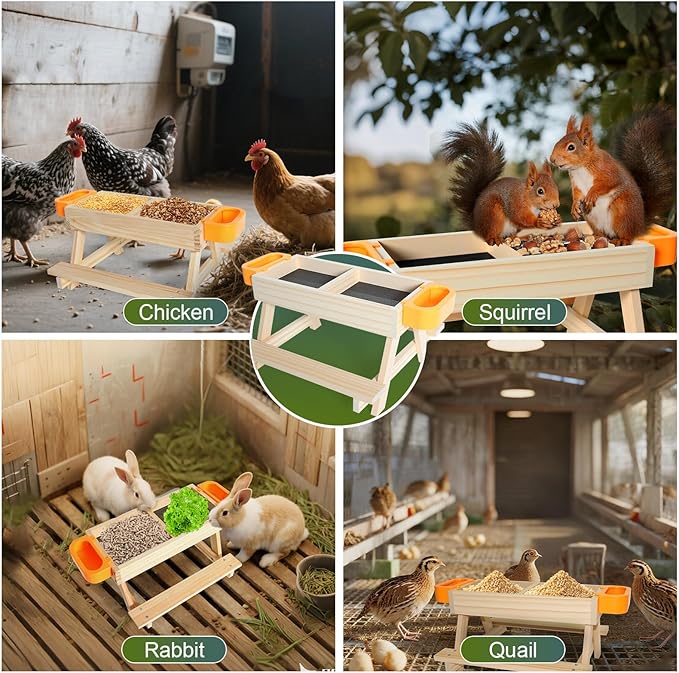 Chicken Feeder Picnic Table No Waste Wooden Picnic Table with Water Bowls Chicken Coop Accessories for Poultry Chicks, Duck, Goose, Squirrel,Turkey