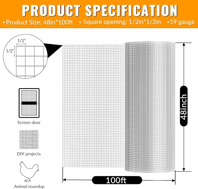 Hardware Cloth 1/2 inch 48 x 100 ft Galvanized Chicken Wire Fencing 19 Gauge Heavy Duty Hot Dip Galvanized Wire Fence Roll for Chicken Poultry Coop, Animal, Fencing,Garden Protection