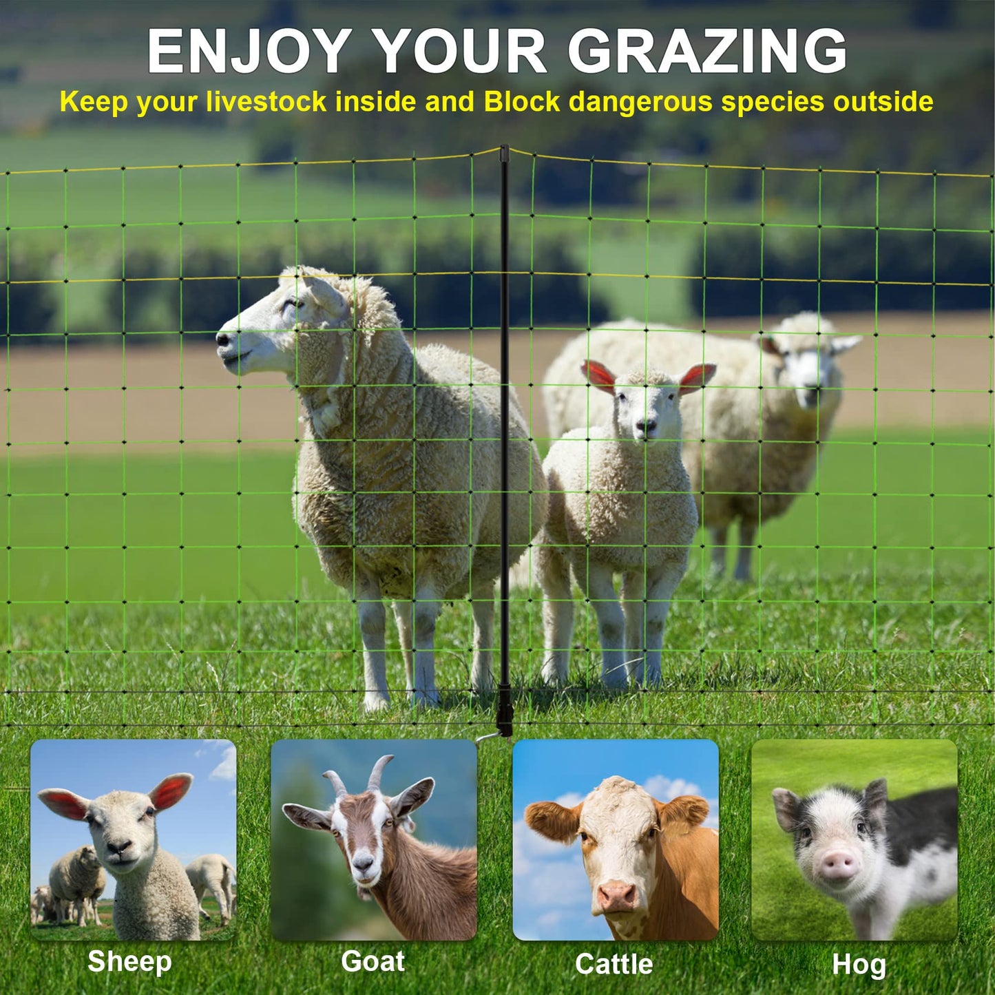 TMEE Electric Fence Netting Livestock Fencing for Goat with 14 Posts Double Spiked, Portable Mesh for Sheep, Deer, Hogs, Dogs in Backyards, Farms and Ranches, 49.6" H x 164' L, Green