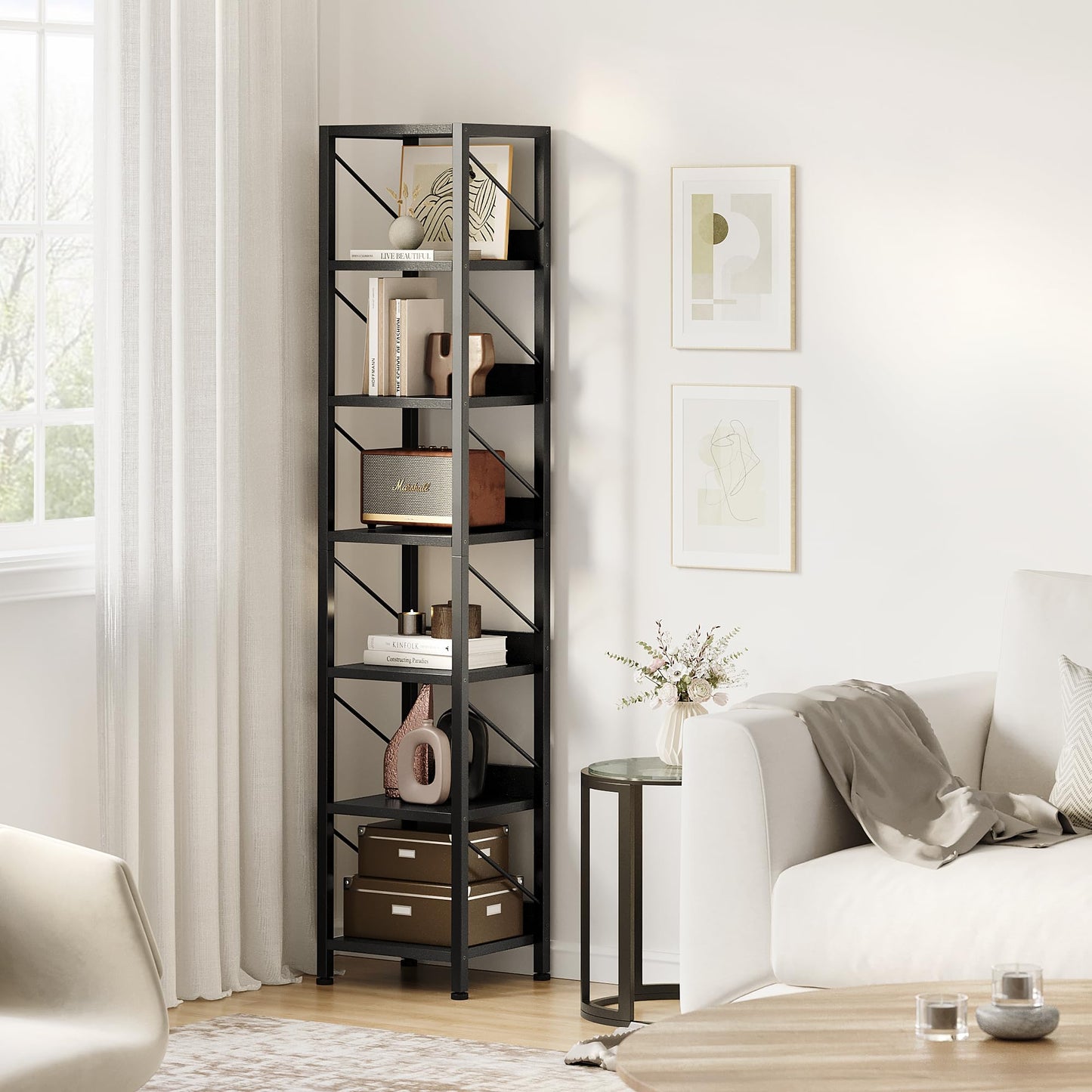 IDEALHOUSE Narrow Bookshelf Tall Skinny Bookcase 6 Tier Storage Rack Rustic Corner Shelf Metal Frame Small Freestanding Bookshelves Industrial Display Stand for Bedroom, Living Room, Home Office