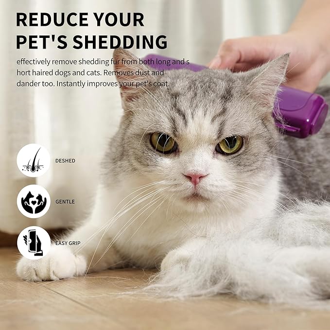 Deshedding Brush for Dogs, Cats, Horses & Rabbits – Professional Pet Grooming Comb,Removes Loose Fur & Undercoat,Gentle Stainless Steel Blade,Easy Clean Handle,Grooming cat brush (Purple)
