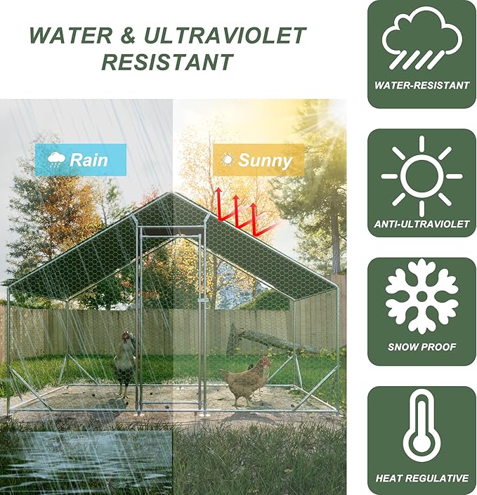 Large Chicken Coop,Metal Chicken Run for Yard with Door,Outdoor Galvanized Wire Poultry Chicken House with Waterproof and Anti-UV Cover,Duck Rabbit Cage (10' L x 6.6' W x 6.56' H)