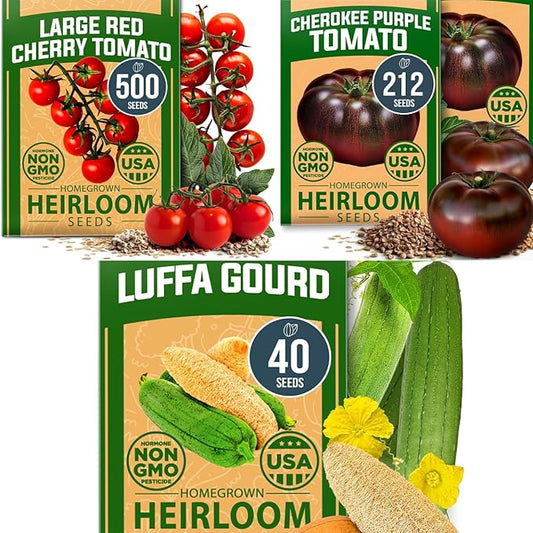 HOME GROWN Heirloom Garden Seed Kit – 3-Pack | Cherokee Purple & Large Red Cherry Tomato + Luffa Seeds | Non-GMO, USA-Sourced, High Germination Vegetable & Loofah Seeds for Sustainable Gardening