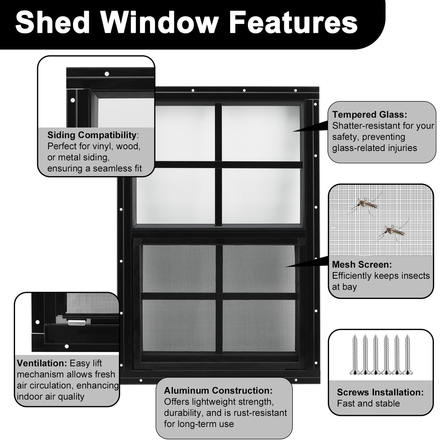 Gaahing 2-Pack 24" x 36" Heavy-Duty Aluminum Shed Windows Kit Flush Mount with Tempered Glass & Fiberglass Screens for Chicken Coops, Barns, Playhouses, Garages
