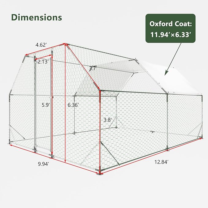 Large Metal Chicken Coop,10x13x6.36 ft Walk-in Chicken Runs for Yard with Waterproof Cover, Flat Shaped Chicken House with Door for Outdoor and Backyard, Farm, Duck Rabbit Cage