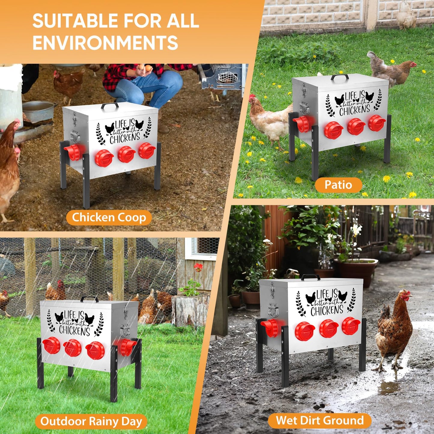 TGEYD 50LB Large Automatic Chicken Feeder – 8 Feeding Ports, No-Waste Poultry Feeder, with Adjustable Legs & Locking Lid