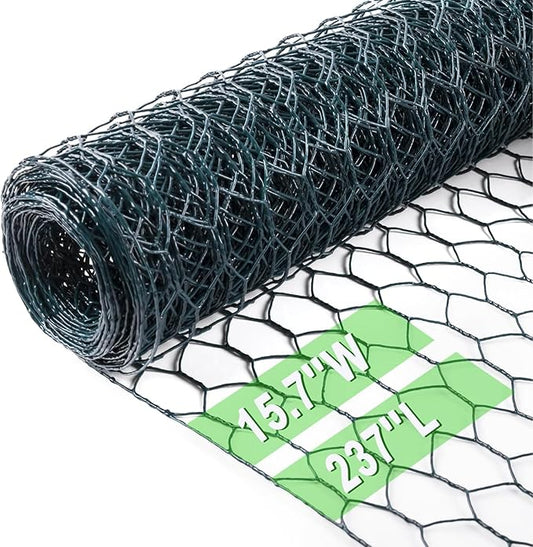 Chicken Wire 15.7 in x 237 in Poultry Wire Netting Hexagonal Galvanized Mesh Garden Fence Barrier for Pet Rabbit Chicken Fencing(PVC-Coated)
