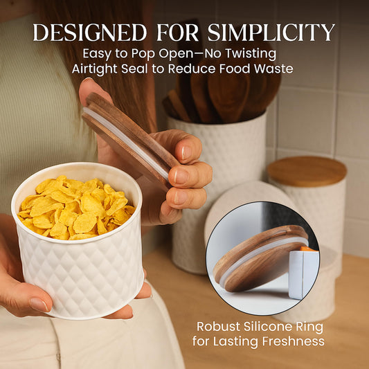 Alasitas 6 Canister Set for the Kitchen Countertop – Metal Food Storage Canisters with Airtight Lids for Flour, Tea, Crafts, Coffee, & Sugar – Container Set with Modern Wood Lids, White