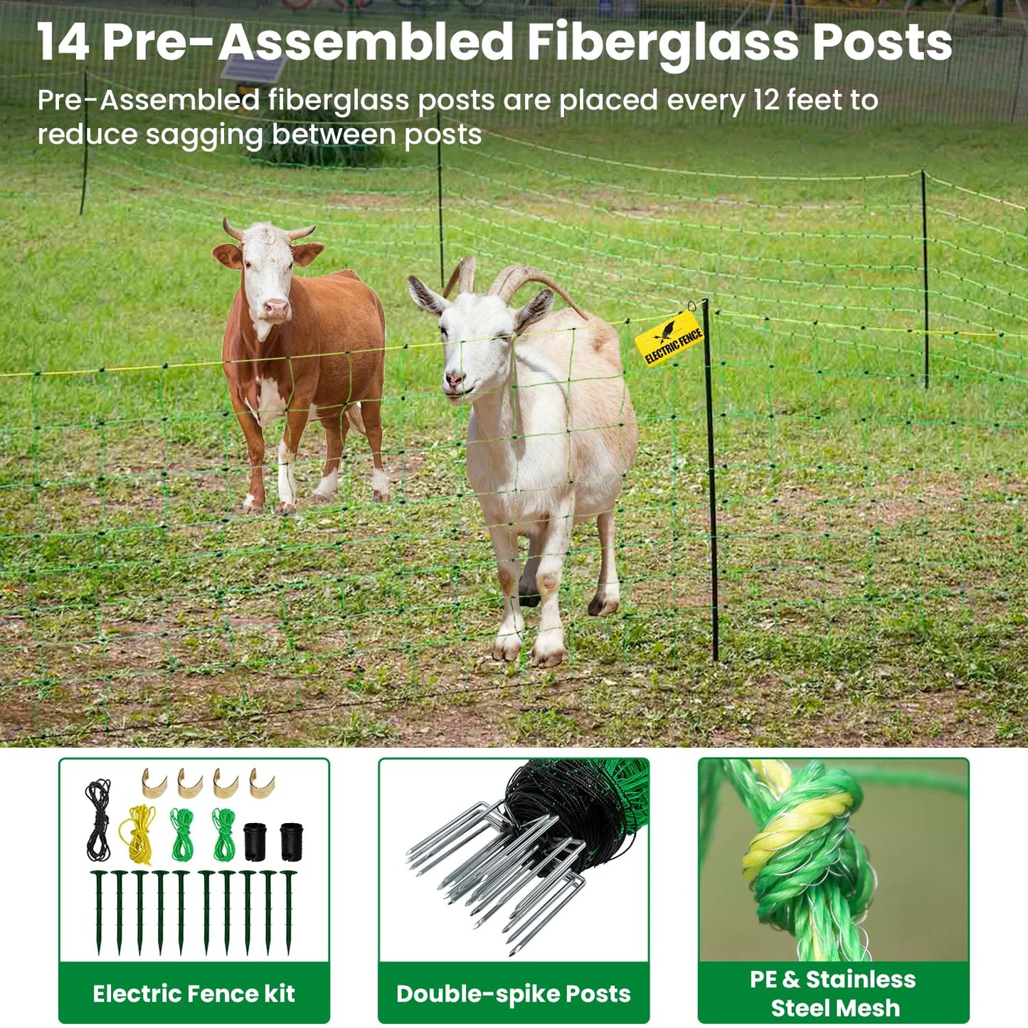 Electric Fence Netting, 49.6" H x 164'L Portable Livestock Nets for Cattle, Sheep, Goat, Hogs, Larger Animals, Electric Fencing with 14 Pre-Assembled Double-Spiked Posts for Backyards, Ranches, Farms