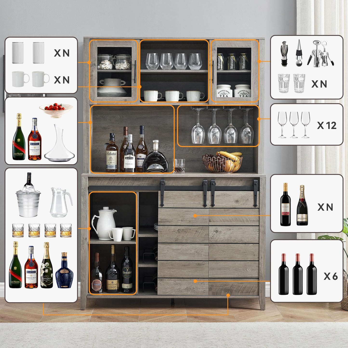 GAOMON Farmhouse Bar Cabinet with Sliding Barn Door, 70" Rustic Buffet Cabinet with Storage Shelves, Liquor Cabinet with Wine and Glasses Rack, Sideboard Cupboard for Kitchen, Dining Room, Gray