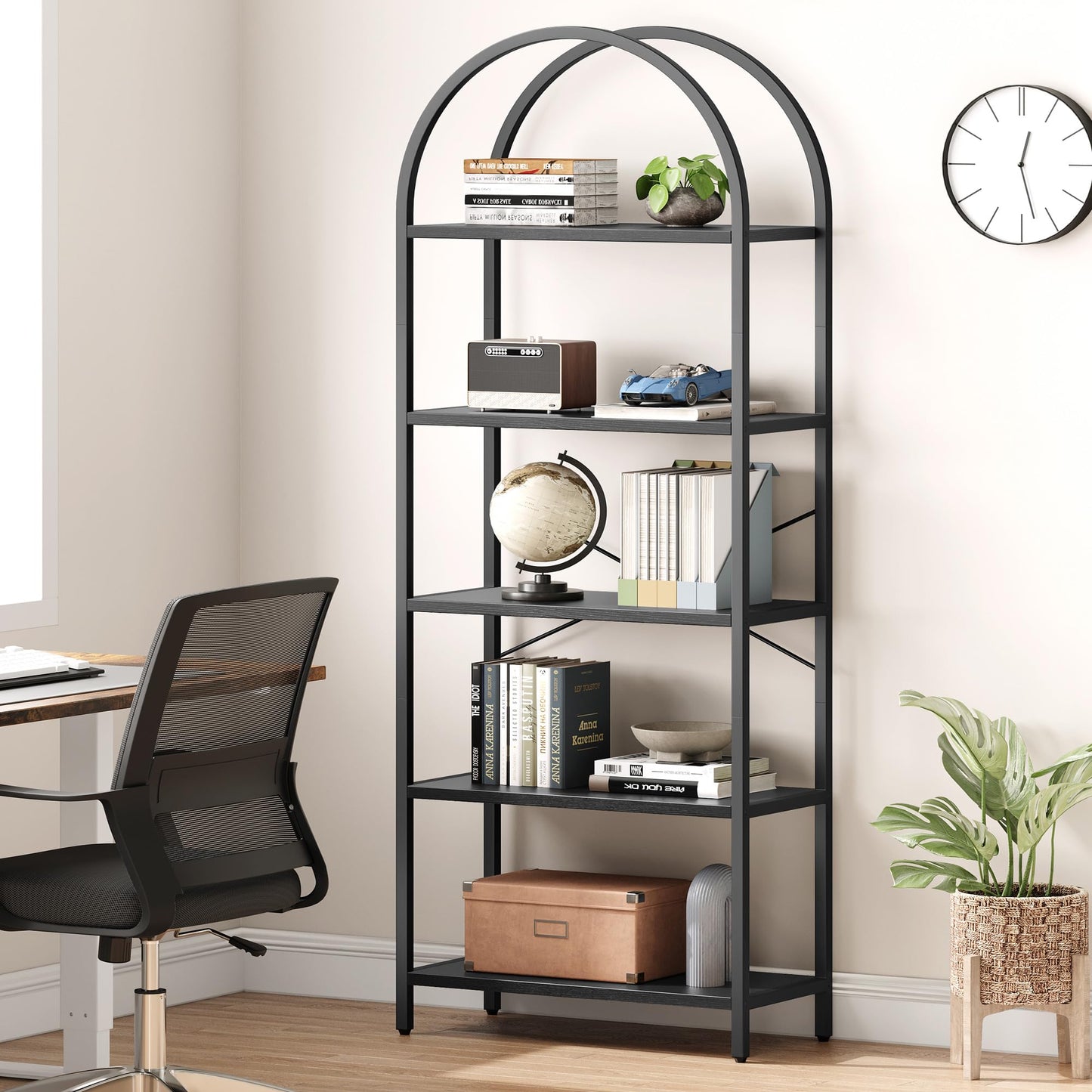 IDEALHOUSE Bookshelf 5 Tier Bookcase Arched Display Racks Tall Standing Bookshelves Metal Frame Open Storage Rack Shelf Large Black Book Shelf for Bedroom, Living Room, Home Office