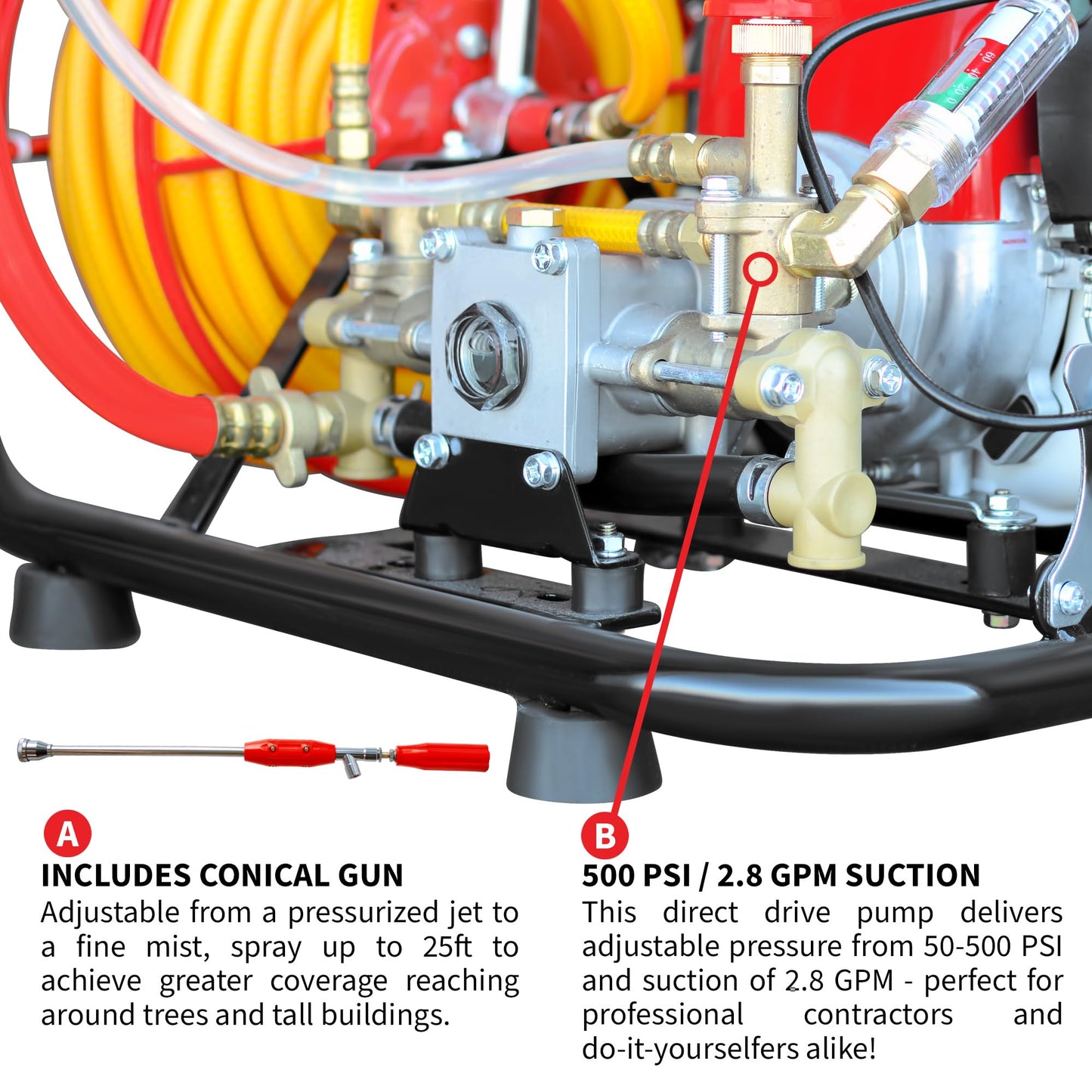 1.3HP Skid Sprayer Barrel Mount Only with Honda GX35 100ft Hose and 500 PSI Pump for Pest Control (Skid Sprayer + Conical Gun)