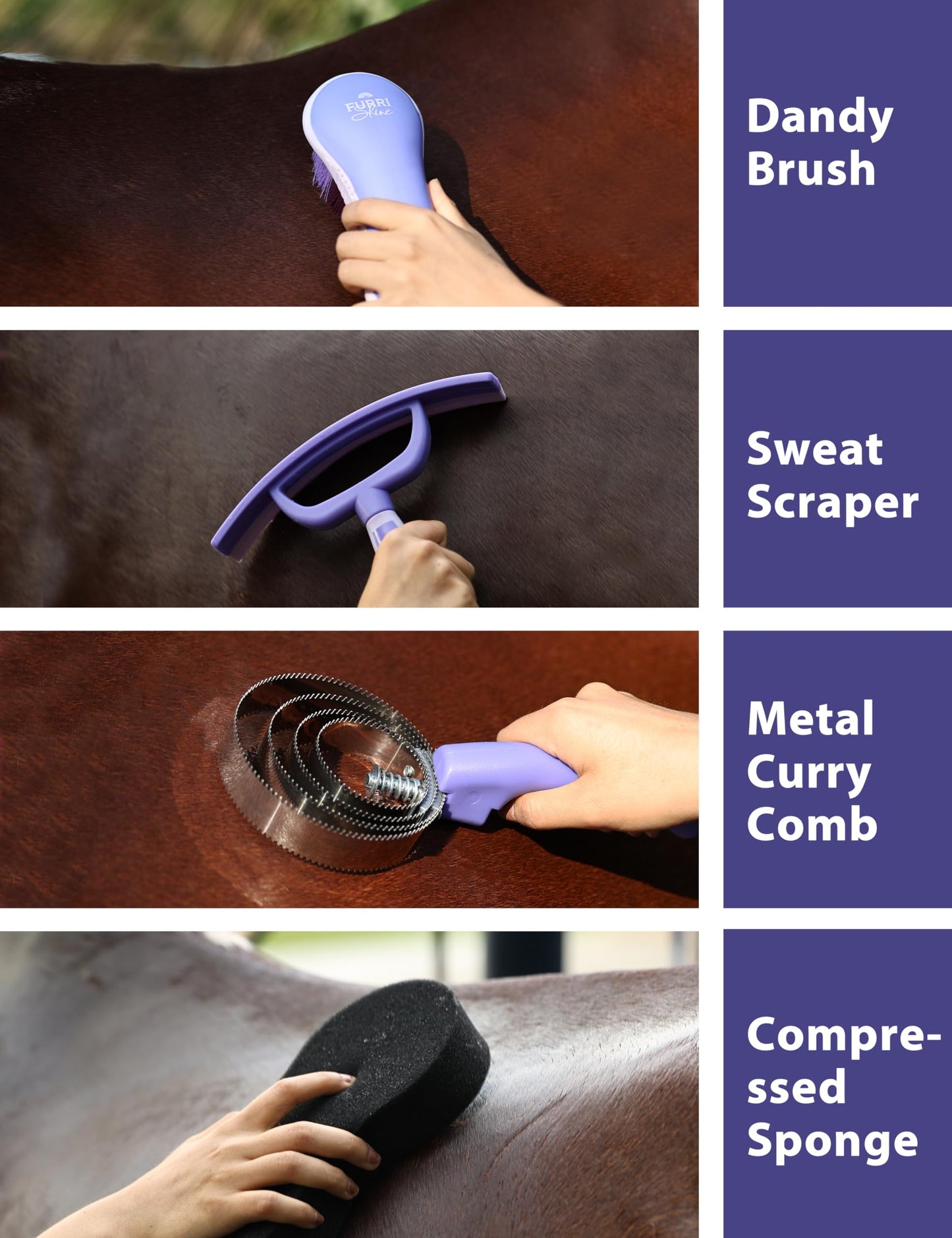 Furrishine 9PCS Horse Grooming Kit Curry Comb Sweat Scraper Horse Bathing Supplies Grooming Tools with Storage Bag Sugar Taro
