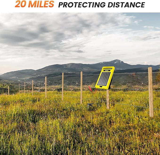 24 Hour Solar Electric Fence Charger, 20 Miles, Up to 10200v Output Range Electric Fence Charger, 0.32J Portable Energizer with Rechargeable Solar Panel for Livestock & Predator Protection