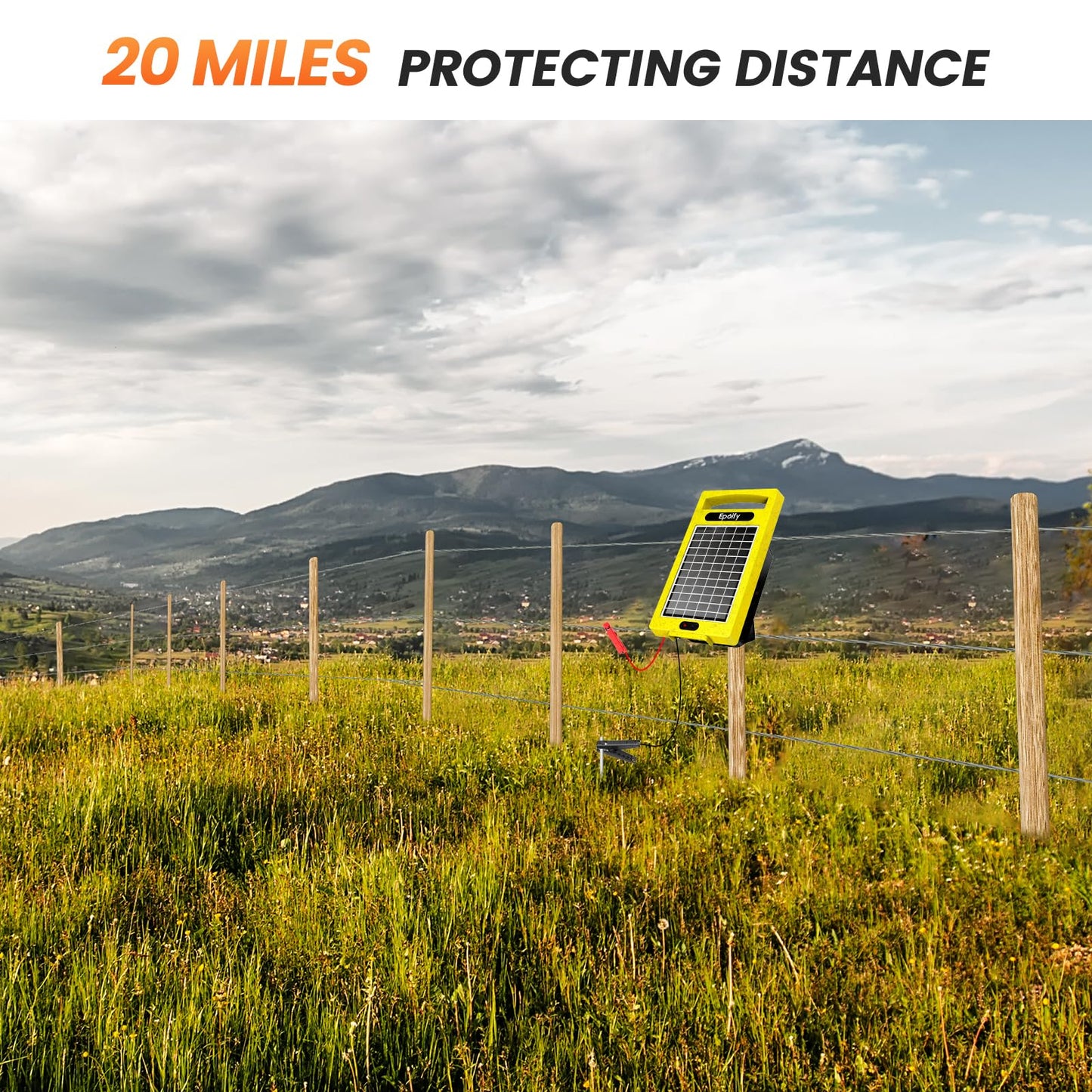 24 Hour Solar Electric Fence Charger, 20 Miles, Up to 10200v Output Range Electric Fence Charger, 0.32J Portable Energizer with Rechargeable Solar Panel for Livestock & Predator Protection
