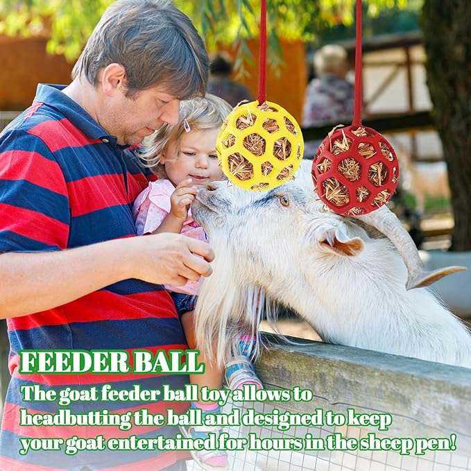 Goat Feeder Hanging Feeding Toy,Horse Treat Hay Feeder Toy, Durable TPR Feeding,for Horse Goat Sheep Relieve Stress,Stretch-Resistant Design(2pcs,Red+Yellow)