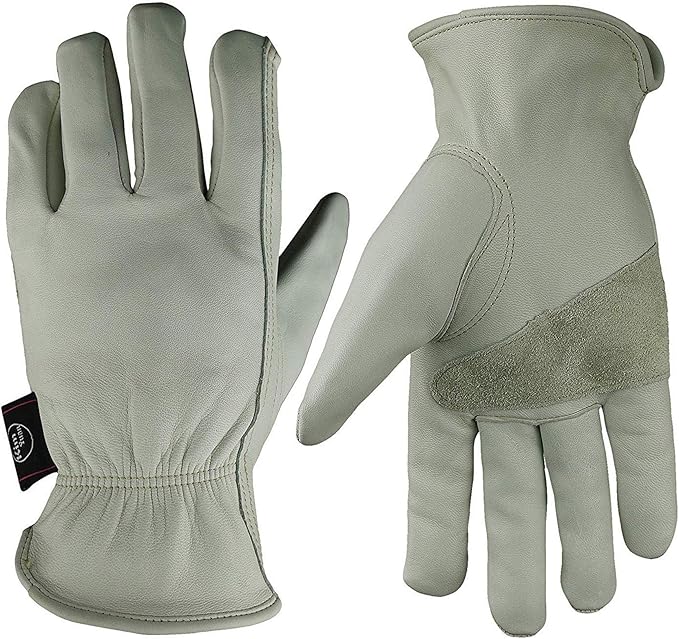 Leather Work Gloves Grain Cowhide for Yard Work, Gardening, Farm, Warehouse, Construction, Motorcycle, with Elastic Wrist, Men & Women XXL 1 Pair