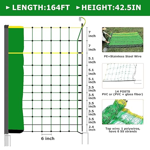 Electric Fence Netting, 49.6" H x 164' L, Portable Livestock Nets Mesh for Hog, Dogs, Deer, Goats, Larger Animals Electric Fencing for Backyards, Homesteaders, Farms, Ranches, Gardens