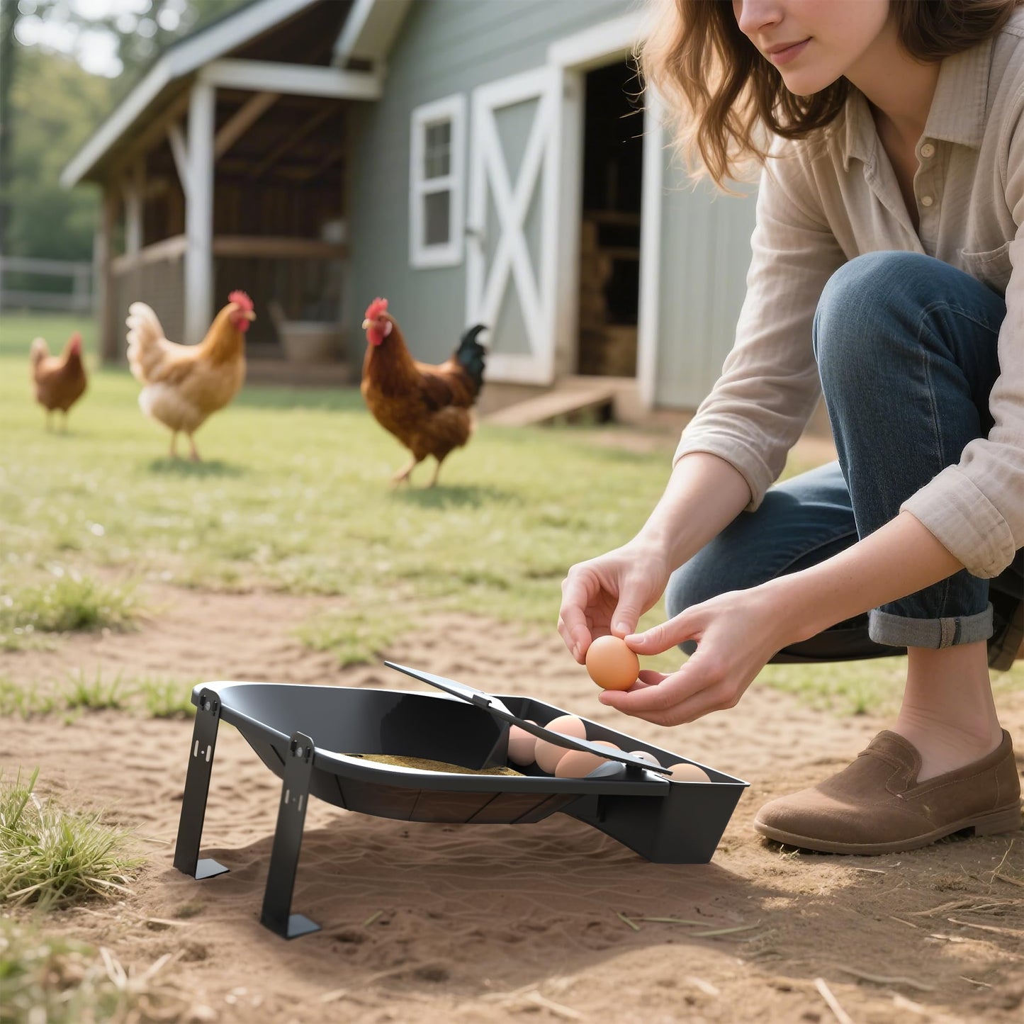 IVAHOU Rolling Nesting Box for Chicken Coop, 1-Pack with 3 Coconut Fiber Mats Replaceable Chicken Coop Accessories, Automatic Egg Collection for Backyard Poultry (Black)